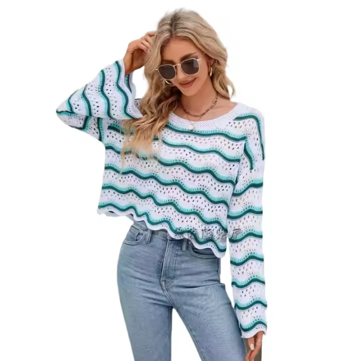 Suéter de punto a rayas para mujer, top de manga larga, cuello redondo, moda de primavera y otoño, nuevo estilo - 1
