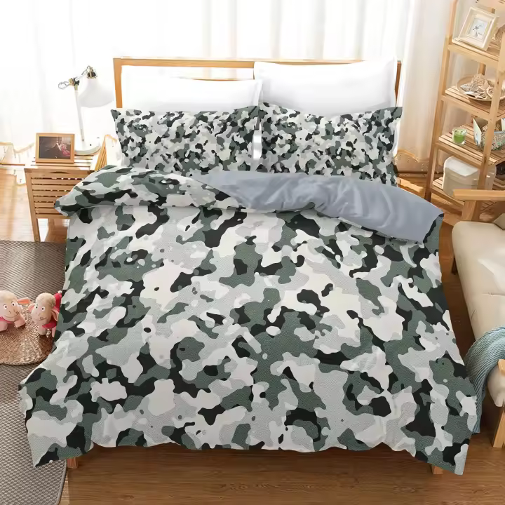 Funda de edredónJuego de funda nórdica de camuflaje Concepto de camuflaje Juego de cama de ocultación King Size Gris Negro Funda de edredón doble para niños, adolescentes y adultos - 1