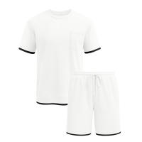 Traje deportivo de hombre con bloques de color, pantalones cortos de dos piezas, cuello redondo y camiseta de manga corta. - details 10