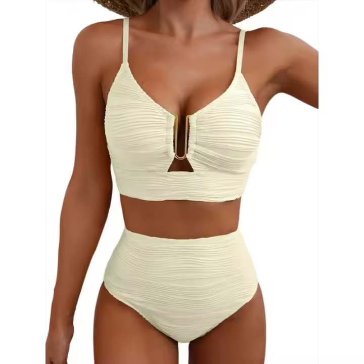 Bikinis con aros en U para mujer, traje de baño de cintura alta, traje de baño unicolor, ropa de playa para mujer, bañadores de verano, traje de baño XXL 2025 - 1