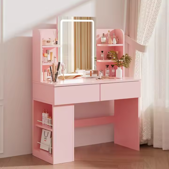 Mesa de Maquillaje LED Regulable Vanity con 2 Cajones y 4 Estantes Estante Inferior - 1