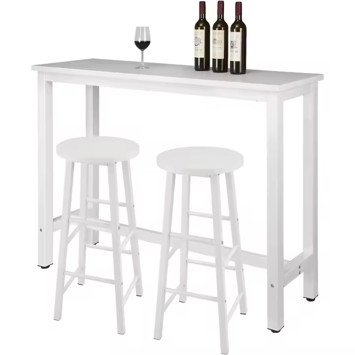 Mesa de Bar y 2 Taburetes, Muebles de Comedor, Mesa Alta y Taburetes de Bar, Barra Cocina y Salon, 140x40x100 cm, Metal + MDF, Blanco - 1