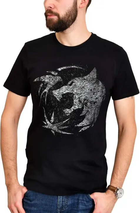Camiseta con Emblema de lobo para Hombre, camisa para los fanáticos de Witcher, algodón Negro - 1