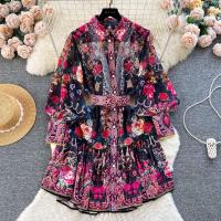 Minivestido playero de verano para mujer, Vestido holgado de gasa con mangas largas acampanadas y cinturón con estampado Vintage, con cordones, 6259 - details 1