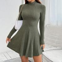 Vestidos de mujer otoño-invierno Color sólido, manga larga, cuello alto, cintura alta, doble abertura, estilo casual - details 8