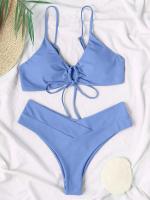 Nuevo conjunto de bikini de alta elasticidad verano 2025, sexy de dos piezas con cordones de color sólido para mujer, traje de baño de playa - details 15