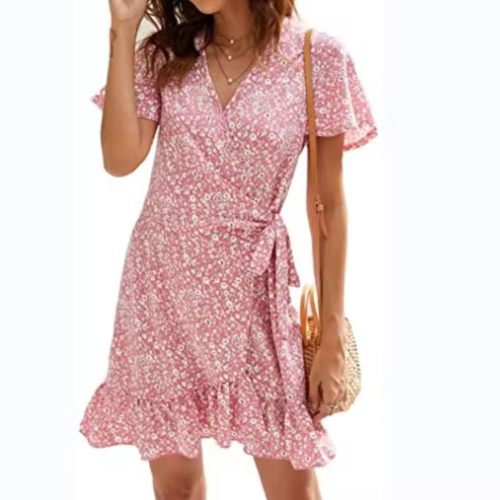 Vestido casual de mujer con mangas voladoras y cordón en V Playsui con bolsillo Shor Vestidos cortos s - 1
