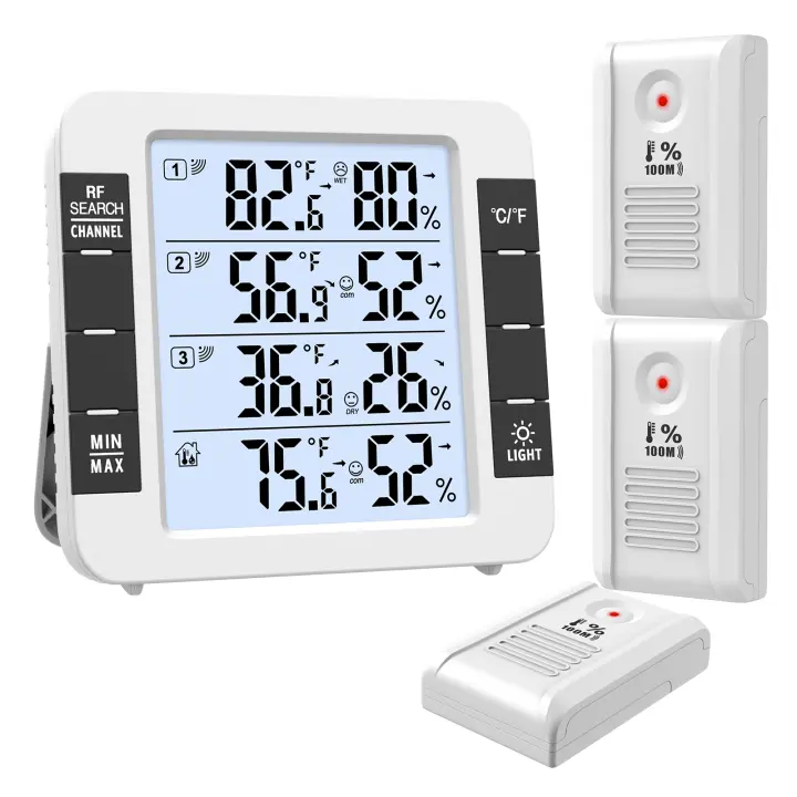 Termómetro Higrómetro para Interiores y Exteriores con 3 Sensores Inalámbricos, ?/? Conmutables, Detectan Humedad y Temperatura en Tiempo Real, Cambios de Tendencia e Indicación de Confort - 1