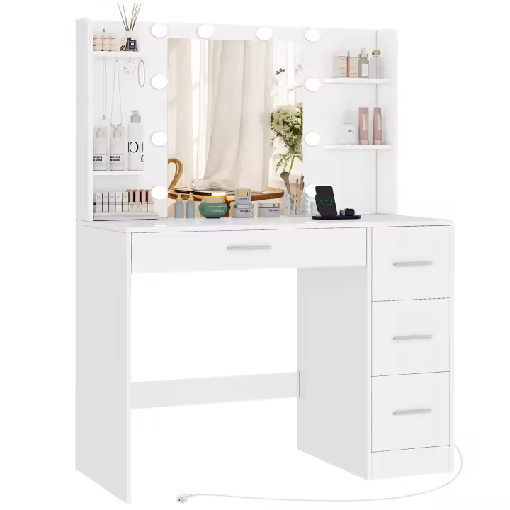 Tocador, Tocador de Maquillaje con Luces y Espejo, Tocador de Maquillaje con Toma de Corriente, Tocador de Maquillaje con 4 Cajones, 4 Estantes Abiertos, 5 Ganchos de Joyería para, Blanco - 1