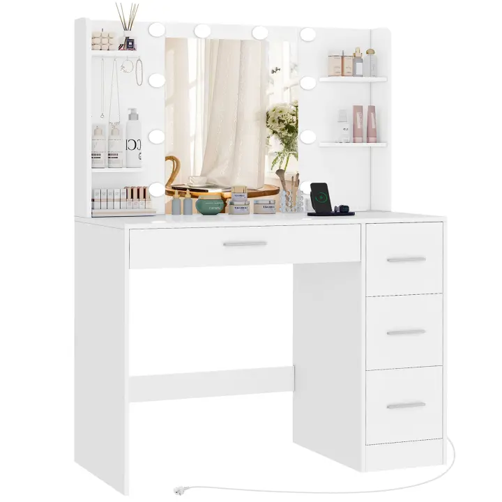 Tocador, Tocador de Maquillaje con Luces y Espejo, Tocador de Maquillaje con Toma de Corriente, Tocador de Maquillaje con 4 Cajones, 4 Estantes Abiertos, 5 Ganchos de Joyería para, Blanco - 1