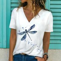 Camiseta de Manga Corta con Cuello en V Moda Blanca para Mujeres Estampado 3D de Lavanda - details 5