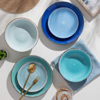 Vancasso BONITA vajilla azul de 18 piezas, juego de platos de cena, platos de sopa, platos de postre, servicio de barro para 6 personas - details 9