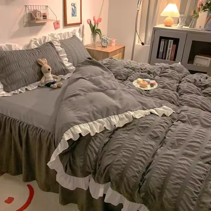 Conjunto de Rifleado de Seda de Luca Rosa Funda de Edredón Ligera Suave de Alternativa de Plumífero Gris con Escritorio de Cama y Fundas de Almohada - 1