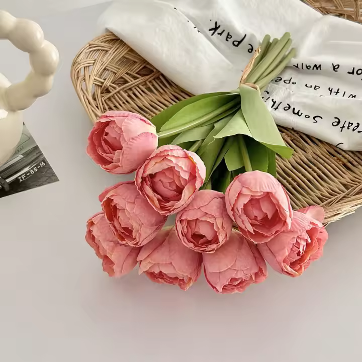 9 Uds. Ramo de tulipanes artificiales de 9 cabezas, flor de tulipán de seda realista de tacto Real, flores falsas hechas a mano con borde quemado - 1