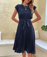 Vestido plisado elegante para mujer, manga corta con cinturilla, verde negruzco S, Verano - details 12