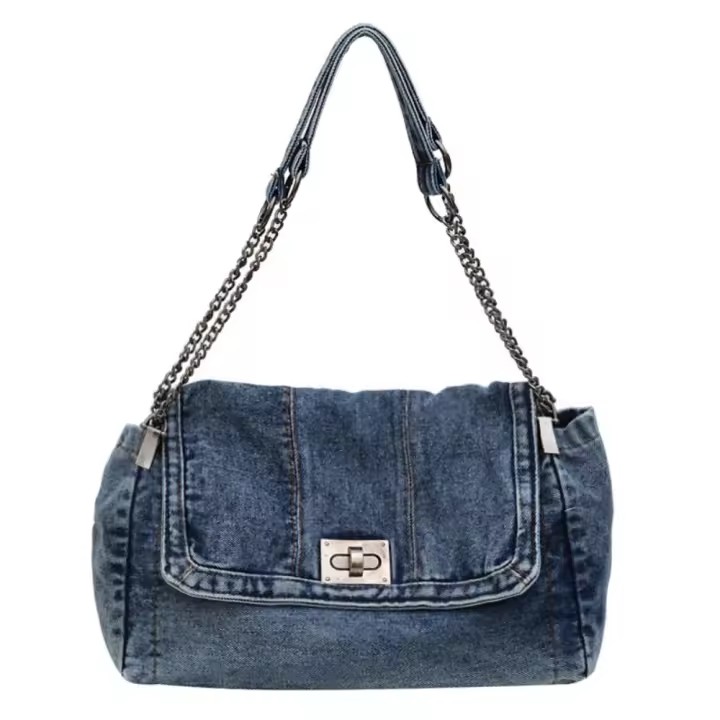 Bolso de hombro, bolso de lona vaquero, estilo callejero, cadena de Metal, bolso Vintage, Color sólido, gran capacidad, bolso cruzado sólido para estudiantes - 1
