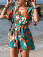 Estampado de mujer V Mono de manga corta y pantalones cortos ，Cinturón con cuello cruzado manga volantes estilo vacaciones playa - details 6