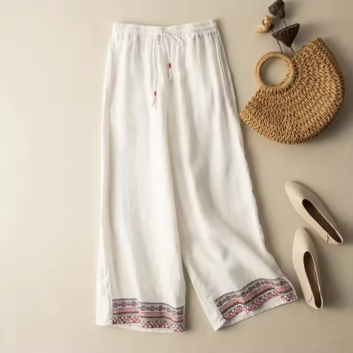 Pantalones de lino y algodón de cintura alta para mujer, pantalón de pierna ancha, largo, elástico, informal, liso, bordado, moda coreana, 2024 - 1