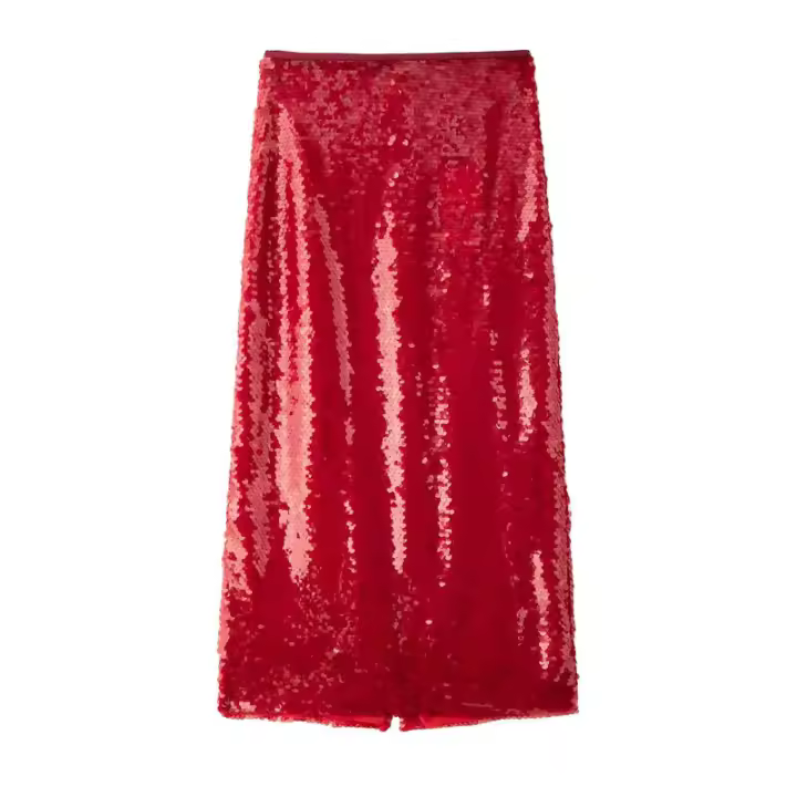 BUNO-Falda MIDI larga retro ajustada con abertura, estilo sencillo y adorno de cuentas en la cintura alta para mujer - 1
