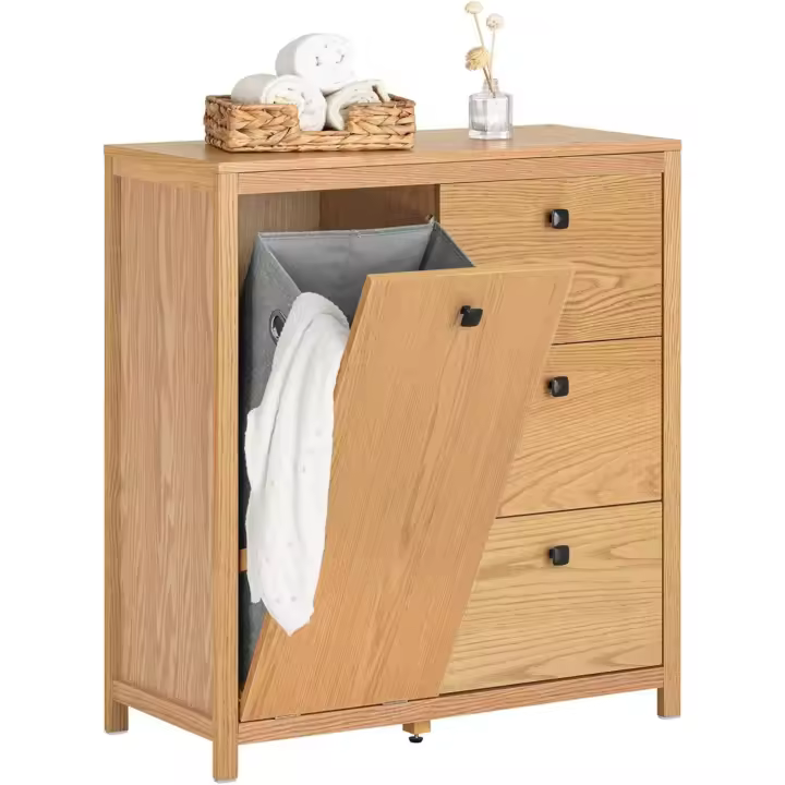 Armario de baño para ropa sucia, mueble multifuncional para baño con 1 cesto y 3 cajones, 80 x 35 x 90 cm, natural - 1