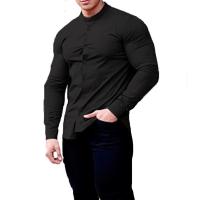 Camisa casual deportiva de manga larga para hombre, color sólido, delgada, ligeramente elástica, con botones - details 11