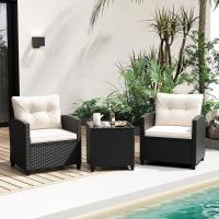 Conjunto de jardín exterior de ratán de 3 piezas, 1 mesa auxiliar de vidrio templado y 2 sillas con cojines, muebles de jardín terraza balcón exterior (negro) - details 42