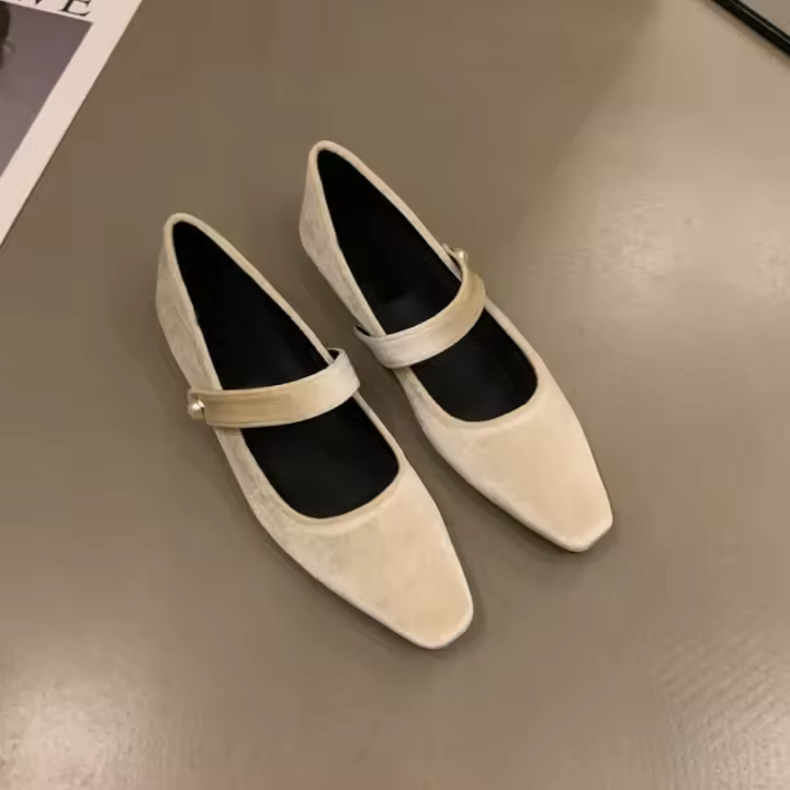 Zapatos de Ballet de Terciopelo Elegante con Cierre de Perlas Acampanadas Bajas para Mujeres - 1