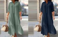 Vestido Largo de Algodón y Lino Manga Larga, Botón, Color Sólido, Borlas Sueltas - details 4