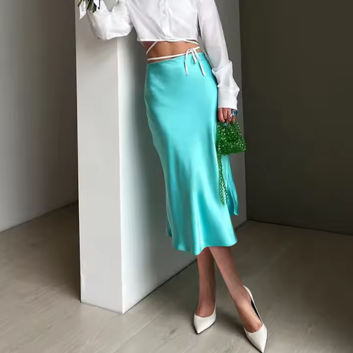Falda larga de cintura alta de seda satinada para mujer, elegante, oficina, primavera, - 1