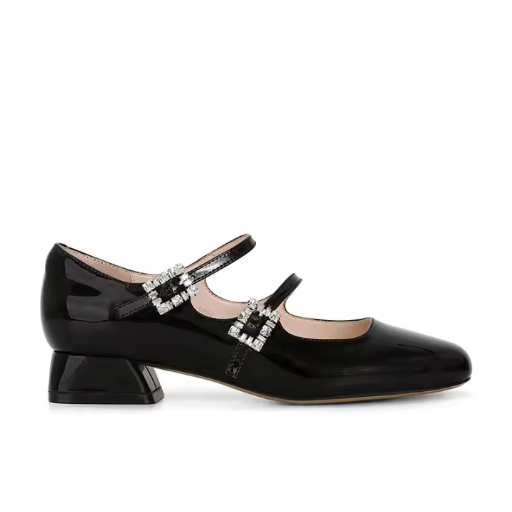 Zapatos Mary Jane de cuero con hebilla cuadrada de imitación de diamantes y tacón grueso - 1