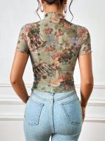 Nueva camiseta de manga corta elegante con estampado de malla, camisetas de manga corta con ribete de oreja de madera para mujeres - details 10
