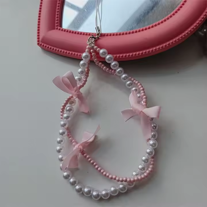 Encanto de Cadena para Teléfono con Lazo Rosado y Negro Accesorio Universal para iPhone, Samsung, Huawei Joyería Pendiente - 1