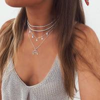 Collar Bohemio simple de Plata Hueca con Varias Cadenas y colgantes de Luna y Estrella para Mujeres y niñas - details 0