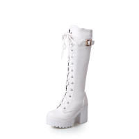 Botas altas de tacón grueso, plataforma impermeable para mujer, tacones altos, botas largas, con cordones, talla grande - details 17