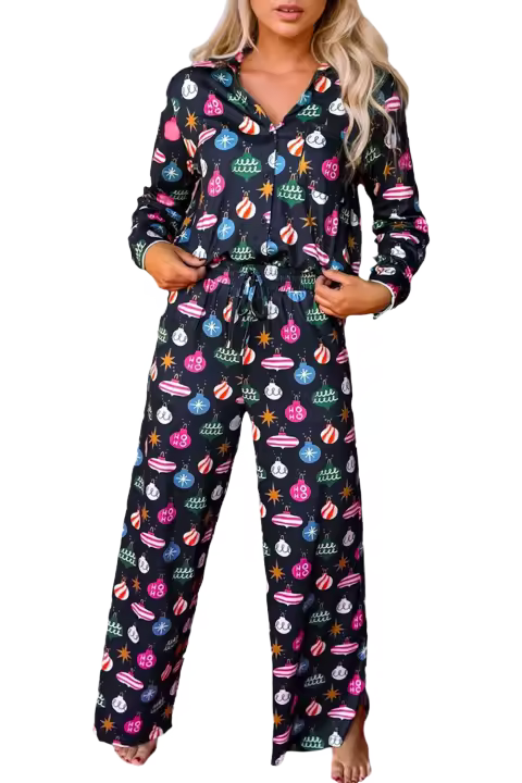Elrachen Conjunto de pijama para mujer con estampado de luces navideñas azul marino, acogedor y elegante, tallas S-2XL - 1