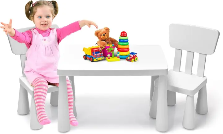 Juego de Mesa y Silla Infantil de Plástico Conjunto de 3 Piezas para Niños de 1-7 Años Azul - 1