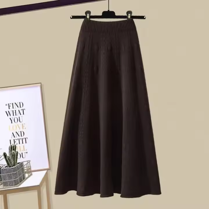 Faldas largas tejidas de otoño e invierno para mujer, falda elegante de cintura alta de Color sólido, faldas por debajo de la rodilla suaves elásticas elegantes para mujer - 1