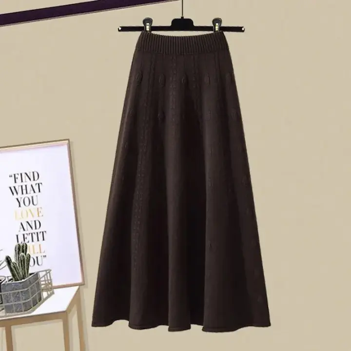 Faldas largas tejidas de otoño e invierno para mujer, falda elegante de cintura alta de Color sólido, faldas por debajo de la rodilla suaves elásticas elegantes para mujer - 1