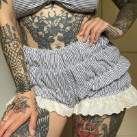 Maemukilabe Pantalones cortos Ence Lantern para mujer, ropa de calle en capas vintage, rayas, cinturilla elástica, pantalones de salón, burbuja, Y2k - details 5