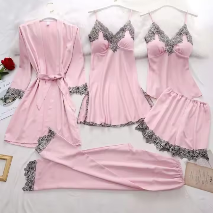 5 Unids/set Tre seda mujer Ence satén cuello en V ropa de dormir de primavera para el hogar - 1