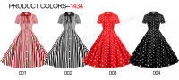 Polka dot print women summer short sleeve striped bow elegant vintage 50s party dress - details 1
