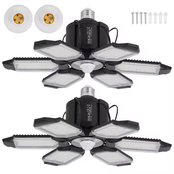 SucceBuy 2 paquetes de luz LED para garaje 15000LM, luz de techo con sensor de movimiento de 6500K con 6 paneles deformables, rosca E26/E27 - 1