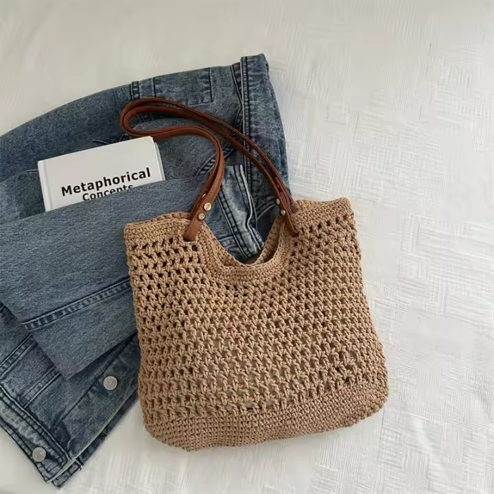 Bolso tejido de hilo de algodón para mujer, bolso de hombro de gran capacidad a la moda, bolso de mano hueco con diseño de nicho, otoño e invierno, 2024 - 1
