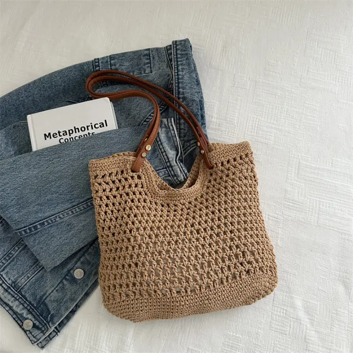 Bolso de Playa de Hombro Único de Primavera-Verano Grande Capacidad Bolso de Commutación de Paja Tejida Nueva - 1
