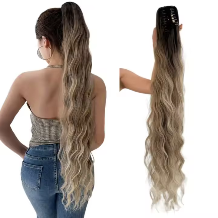 Peluca de cola de caballo con Clip de garra, pelo sintético Natural, largo, rizado, ondulado, extensiones de cabello falso, extensión de cola de caballo, color marrón y Rubio - 1