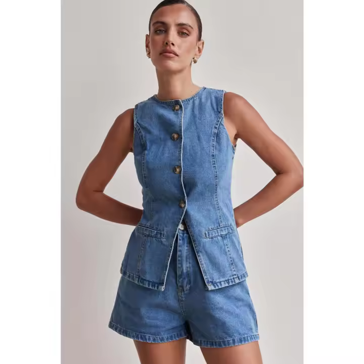 2025 primavera y verano nueva estación independiente de Amazon moda europea y americana cintura sin mangas cintura alta pantalones cortos sueltos conjunto de mezclilla - 1