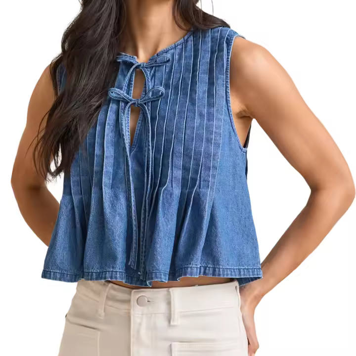 Camisetas sin mangas de mezclilla para mujer, moda de verano, cuello redondo, plisado, sin mangas, lazo frontal, chaleco bohemio vintage - 1