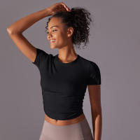 Hamidou-camisetas deportivas ajustadas de manga corta para mujer, Tops atléticos de color sólido para entrenamiento, gimnasio, correr, ropa deportiva - details 18