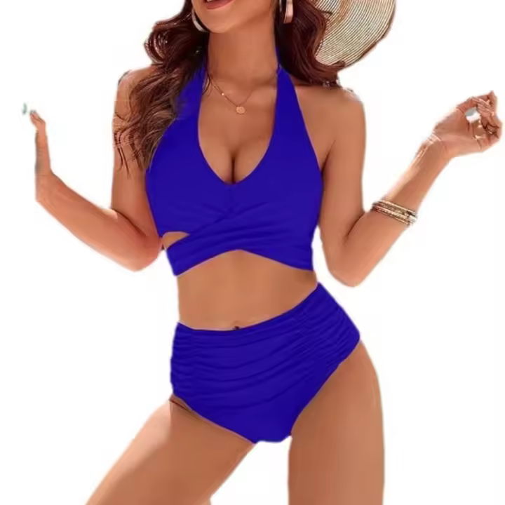 Traje de baño europeo nuevo 2025 para el vientre de las mujeres hermosas, traje de bikini de cintura alta moderada, traje de baño con cuello bonito. - 1