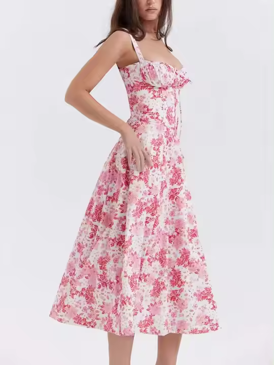 Vestido con estampado floral para mujer, traje elegante de cintura alta con tirantes finos para fiesta de verano - 1